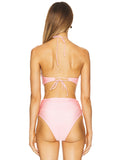 3 Piece Bikini Set  Pink Swimwear Halter Bathing Suit with Sheer Skirt - Norellé
