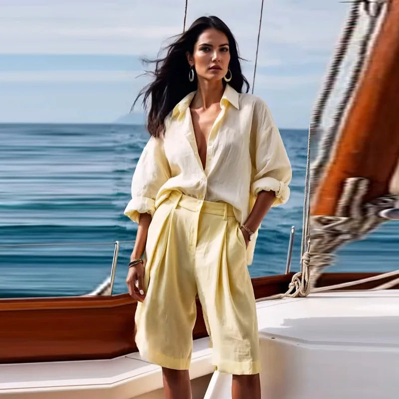 Casual Yellow Shirt Shorts Set Women