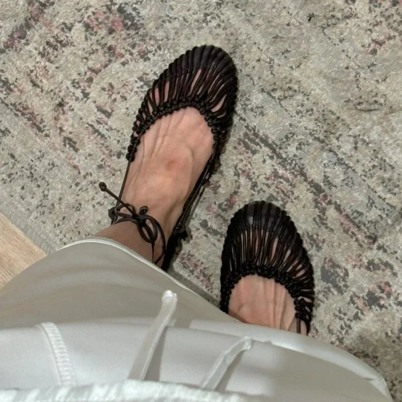 Woven Hollow Women Sandals Casual Lace-up Round Head Sandals