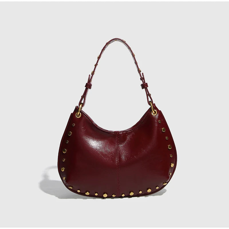 Underarm Rivet Bag Adjustable Shoulder Strap Gold Rivet Women Crossbody Saddle Bag