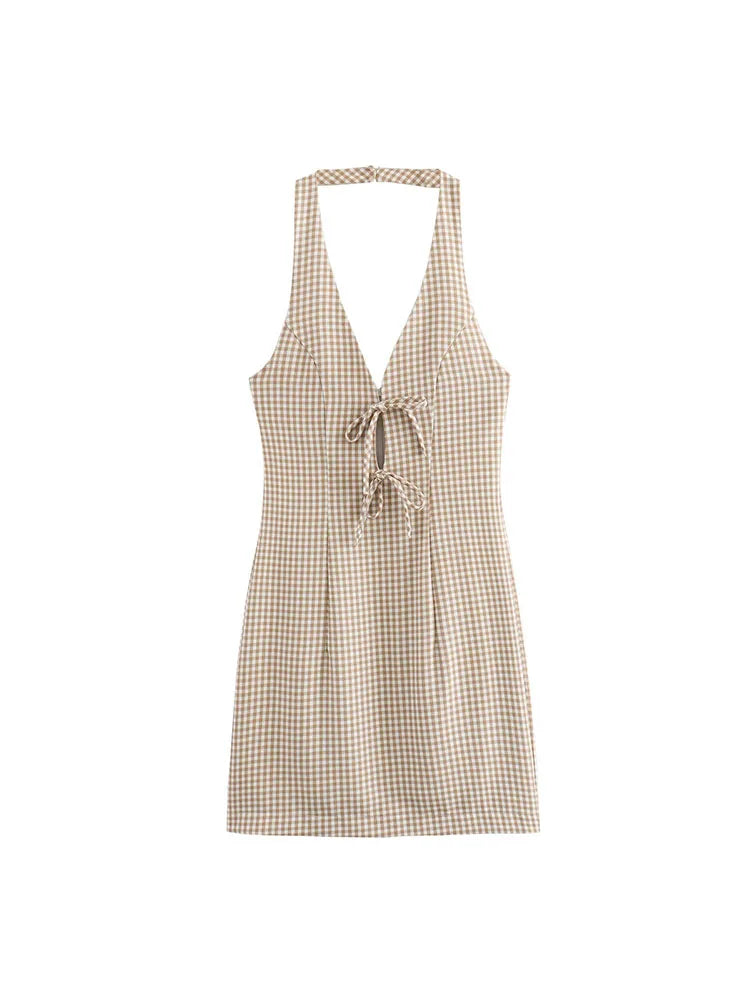 Women's Fashion and Elegance Slim Fit Open Back Small Plaid Hanging Neck Dress - Norellé