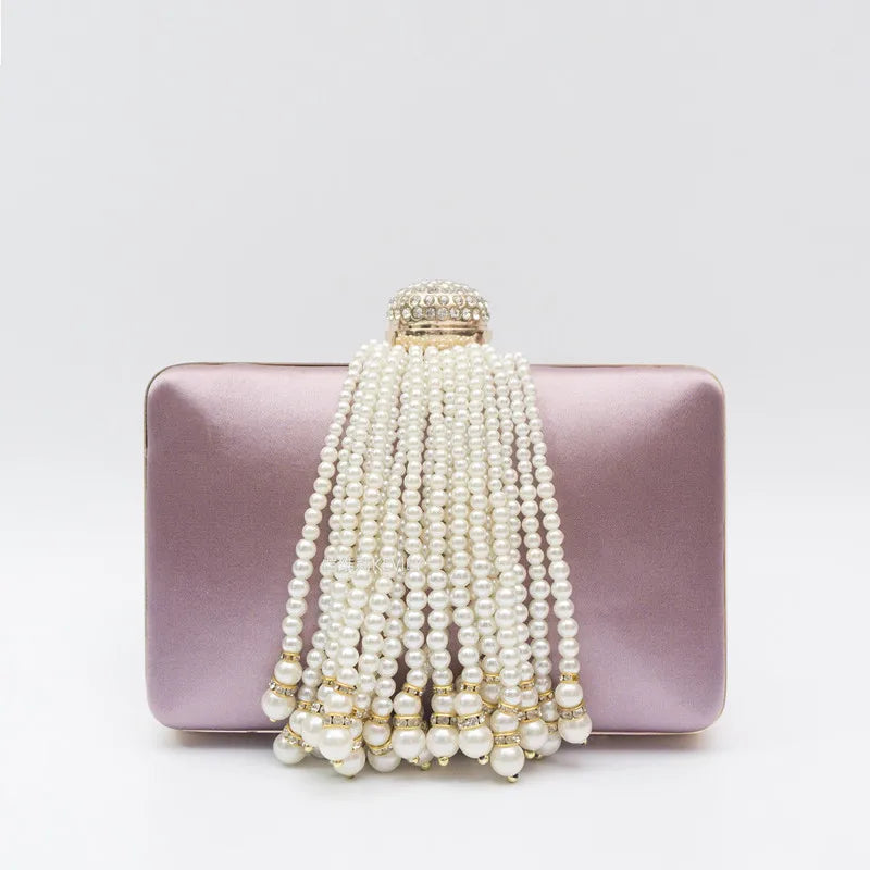 Women Pearl Tassel Satin Evening Bag