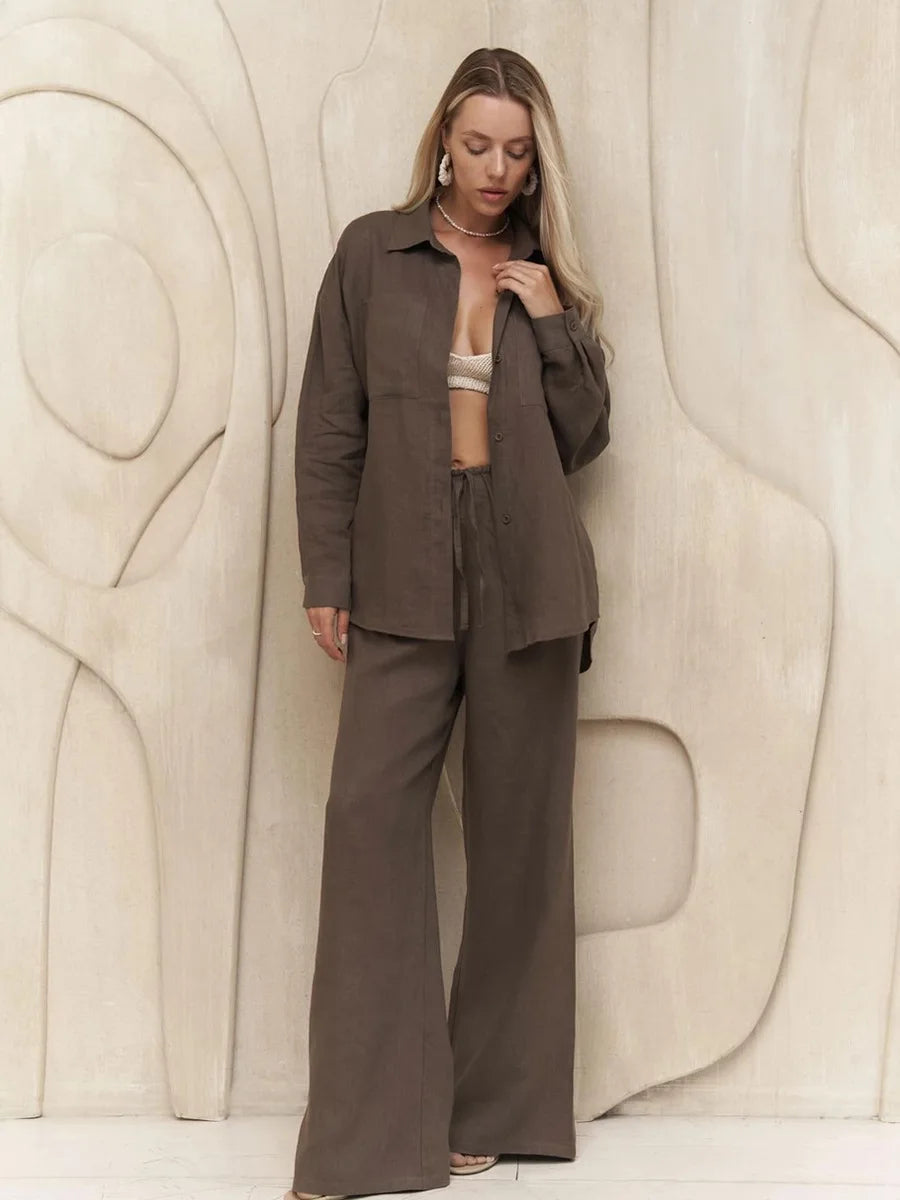 Long Sleeved Shirt Wide Leg Pants Set