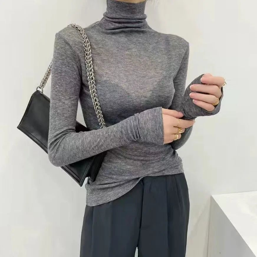 Turtleneck Slim High Quality Plain T Shirt Women