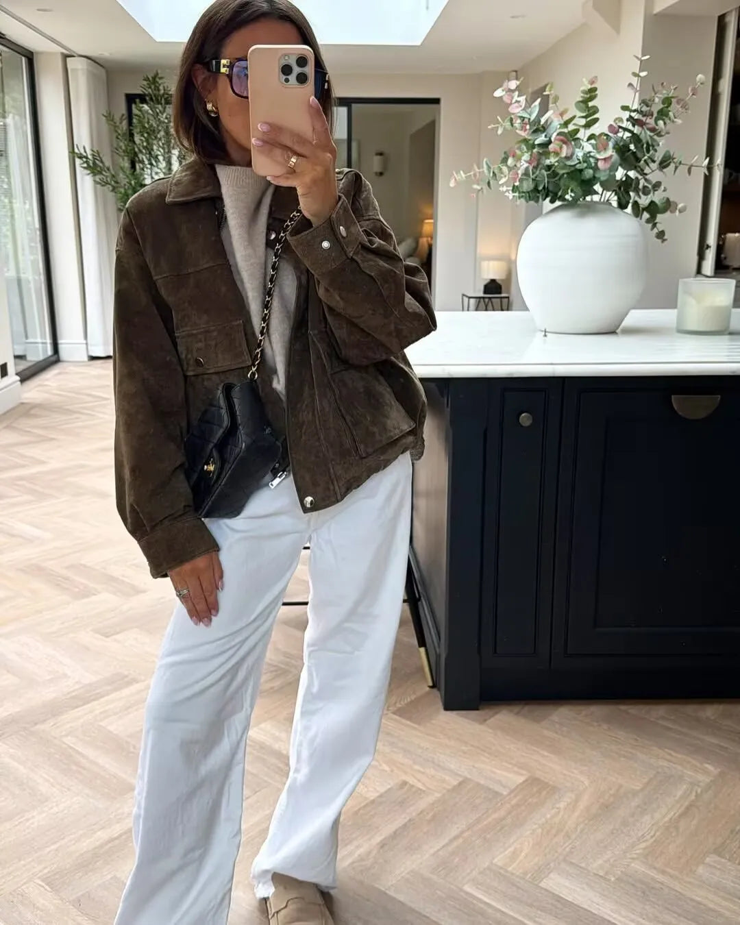 Women Front Patch Pockets Faux Leather Bomber Jacket