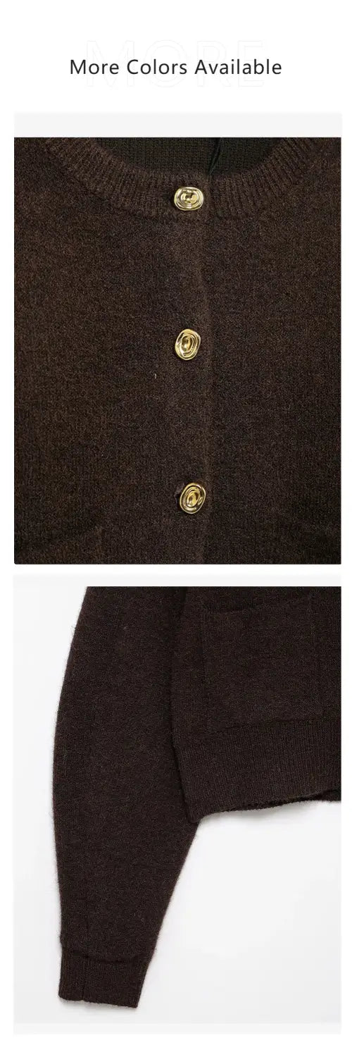 Women’s Knitted Set with Gold Buckle Decoration Long Sleeve Top Side Stitching Decorative Skirt