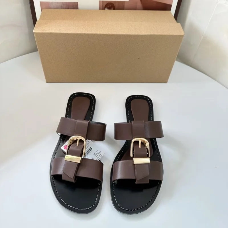Brown Double Strap Buckle Flat Sandals For Women