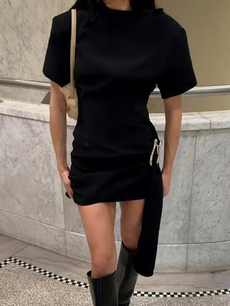 Short Sleeve Draped Mini Dress For Women Black Metal - Norellé