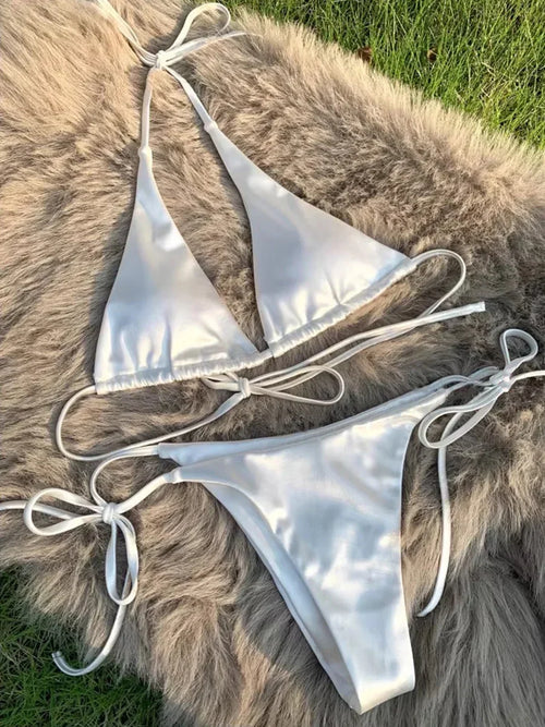 Halter Brazilian Metallic Satin Bikini Women Swimwear Female Swimsuit - Norellé