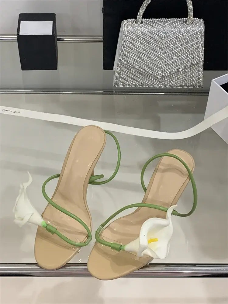 Sexy PVC Transparent Flower Narrow Band Women Sandals