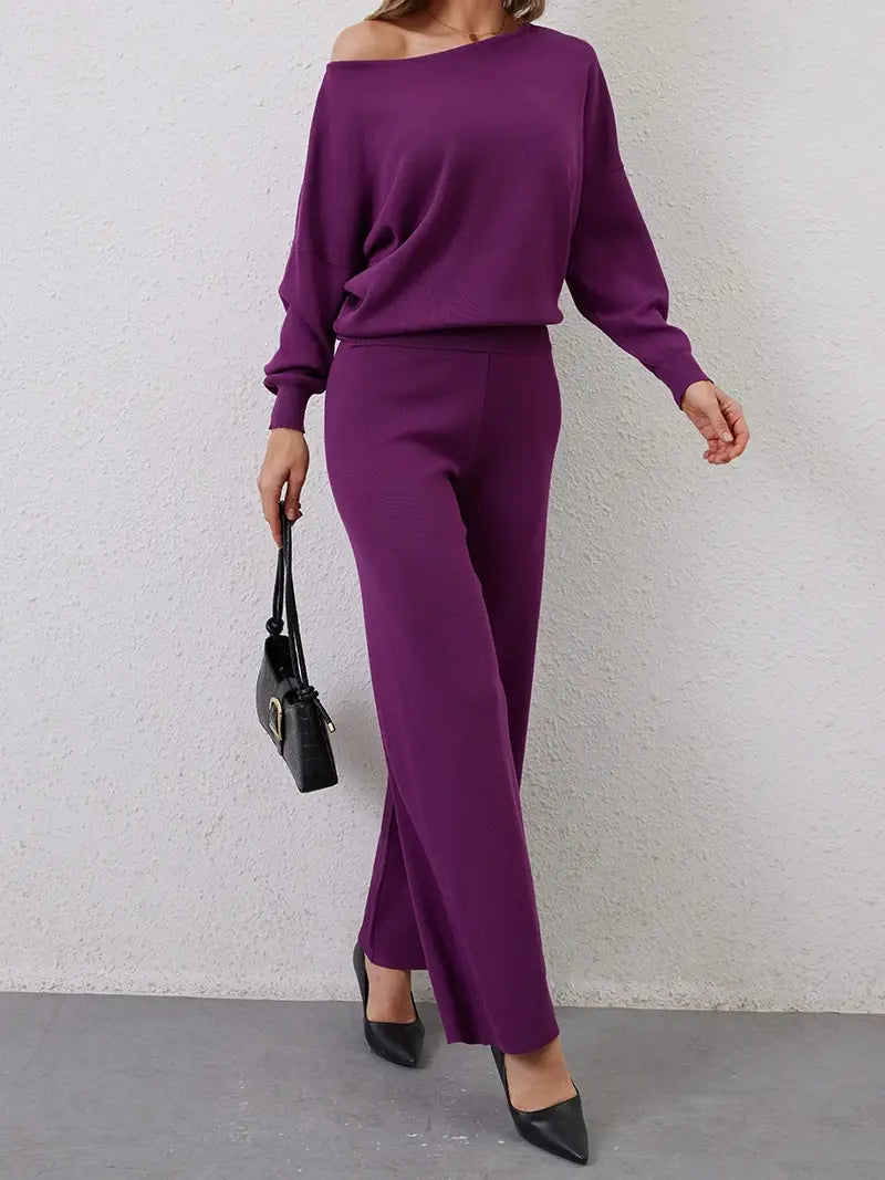 Elegant Winter Knit Pants Set Woman