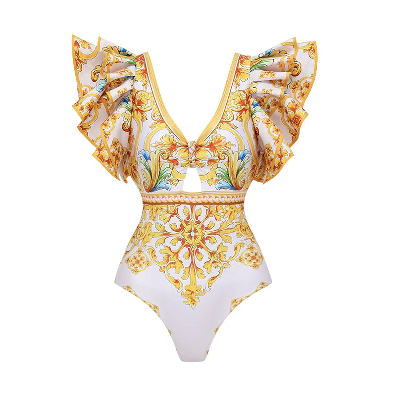 Ruffle V Neck  Golden Print One Piece Swimsuit and Shorts Women Beachwear Bathing Suit - Norellé