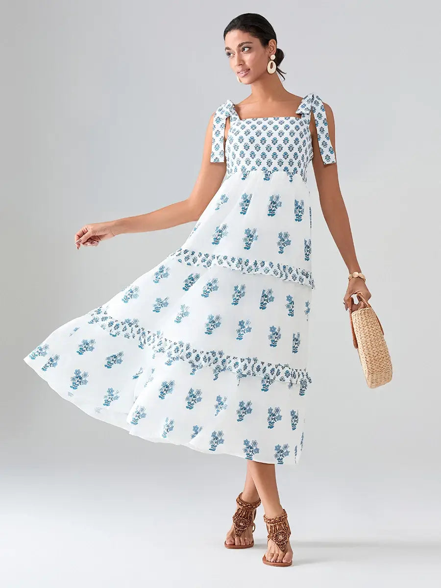 Flower Print Tie Strap Swing Dress Women A-Line Square Neck