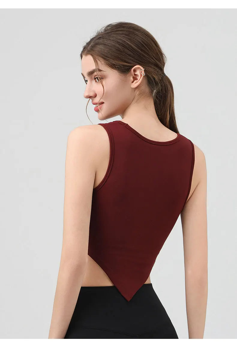 High Strength Women Yoga Irregular Lower Hem Shoulder Hollow Out Tank Top