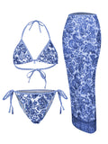 Flower Print Bikini Set Women's High Waist Long Skirt 3 Piece Swimsuit - Norellé