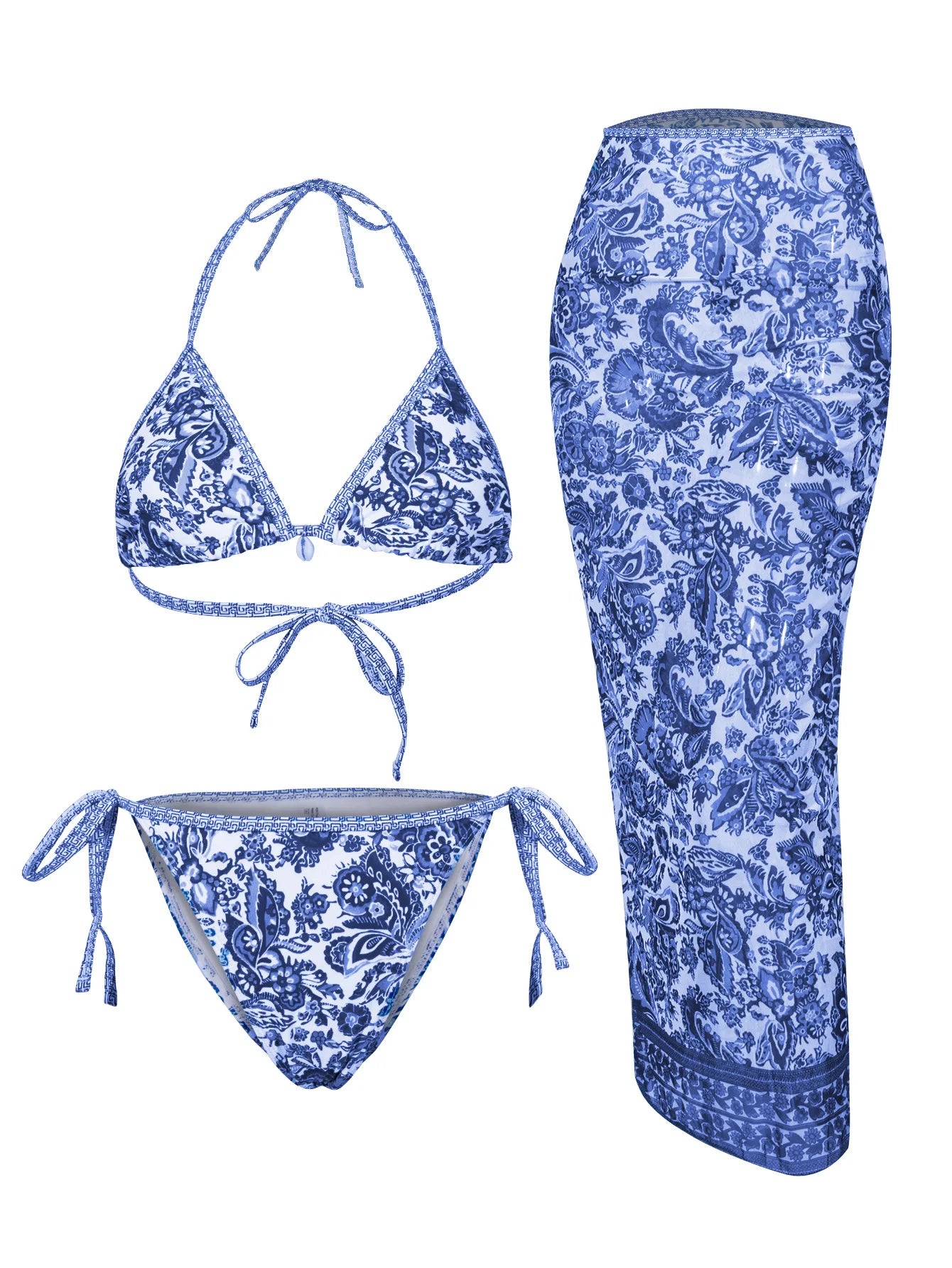 Flower Print Bikini Set Women's High Waist Long Skirt 3 Piece Swimsuit - Norellé