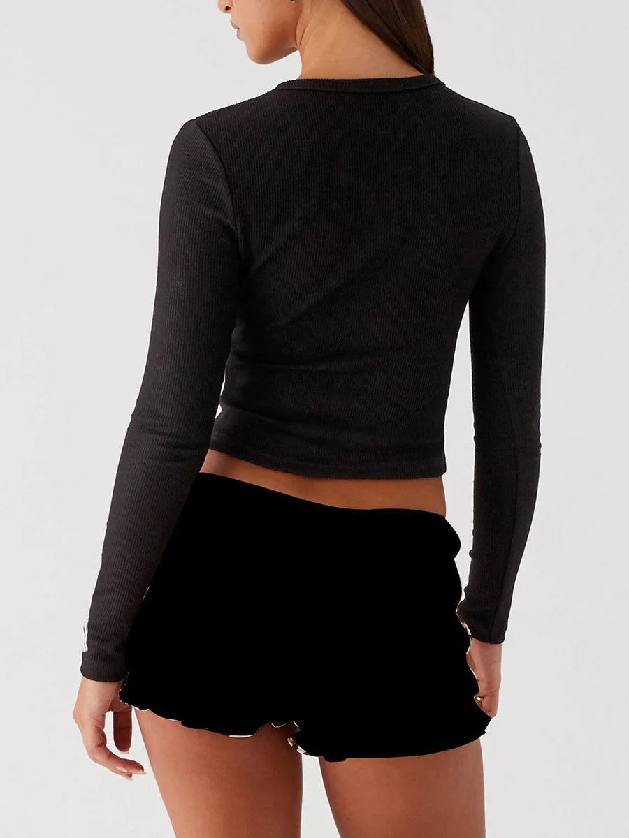 Women Crop Top Summer Knit Ribbed Button Front Long Sleeve