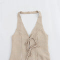 Women's Fashion and Elegance Slim Fit Open Back Small Plaid Hanging Neck Dress - Norellé