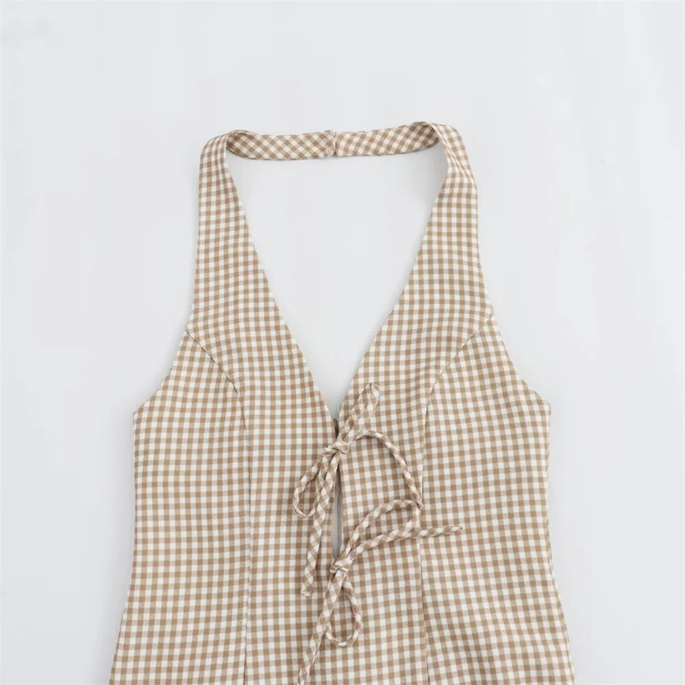 Women's Fashion and Elegance Slim Fit Open Back Small Plaid Hanging Neck Dress - Norellé