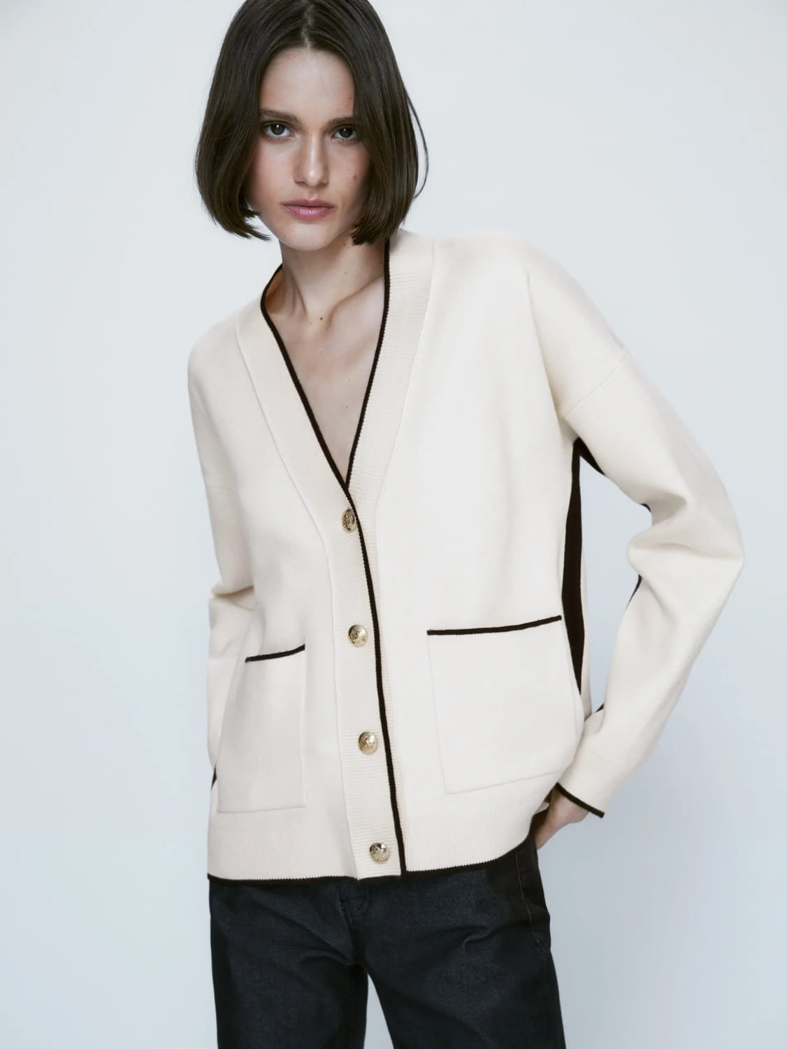 Patchwork Design Pocket Temperament Women’s Knit Cardigan Sweater