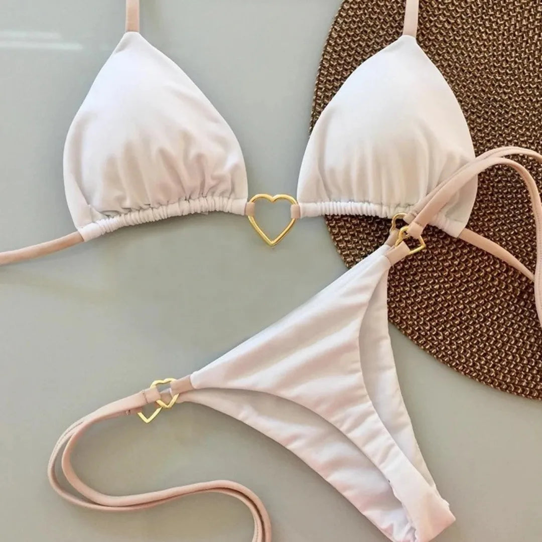 New Solid Color White Bikini Women suit Low Waist Lace-up Fashionable - Norellé