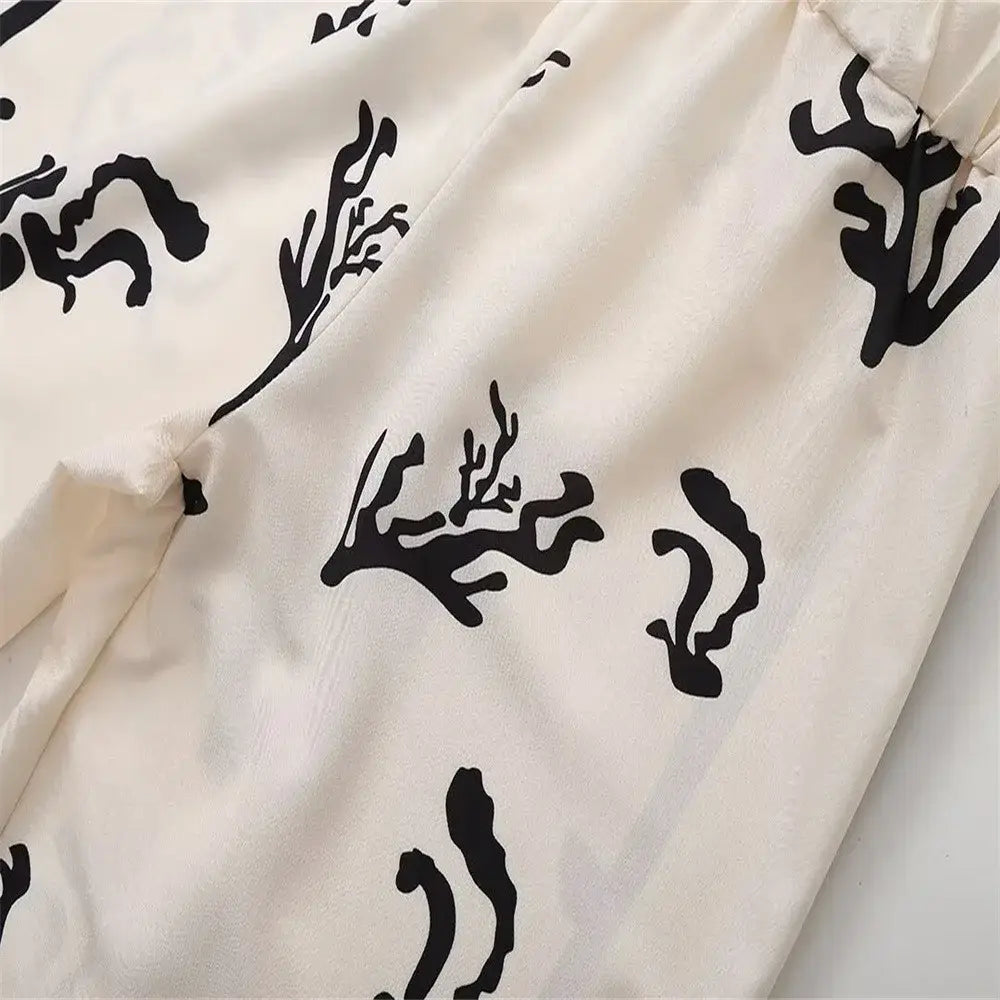 Print Suit Women Casual Lapel Long Sleeve Blouse Wide Leg Trousers