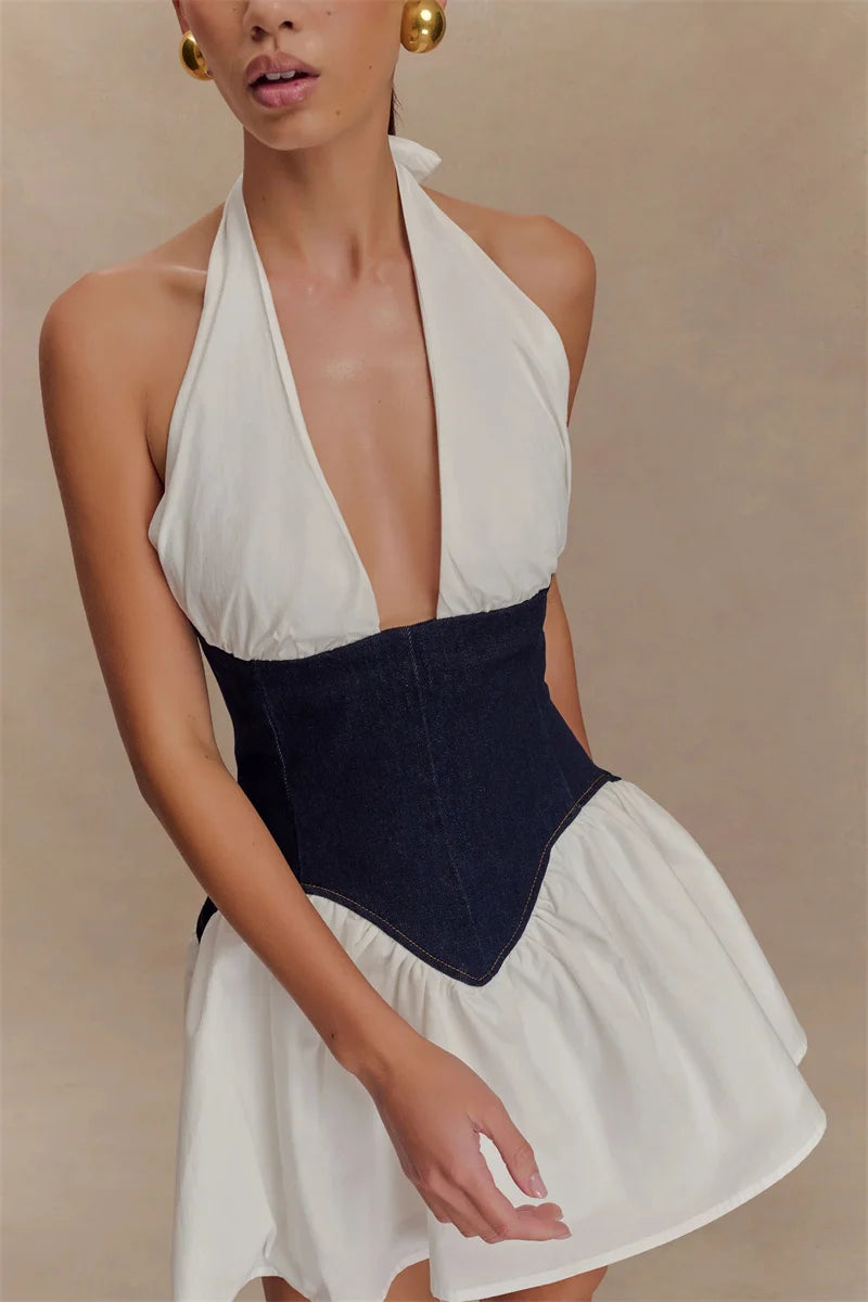 Patchwork Denim Backless Mini Dress Women