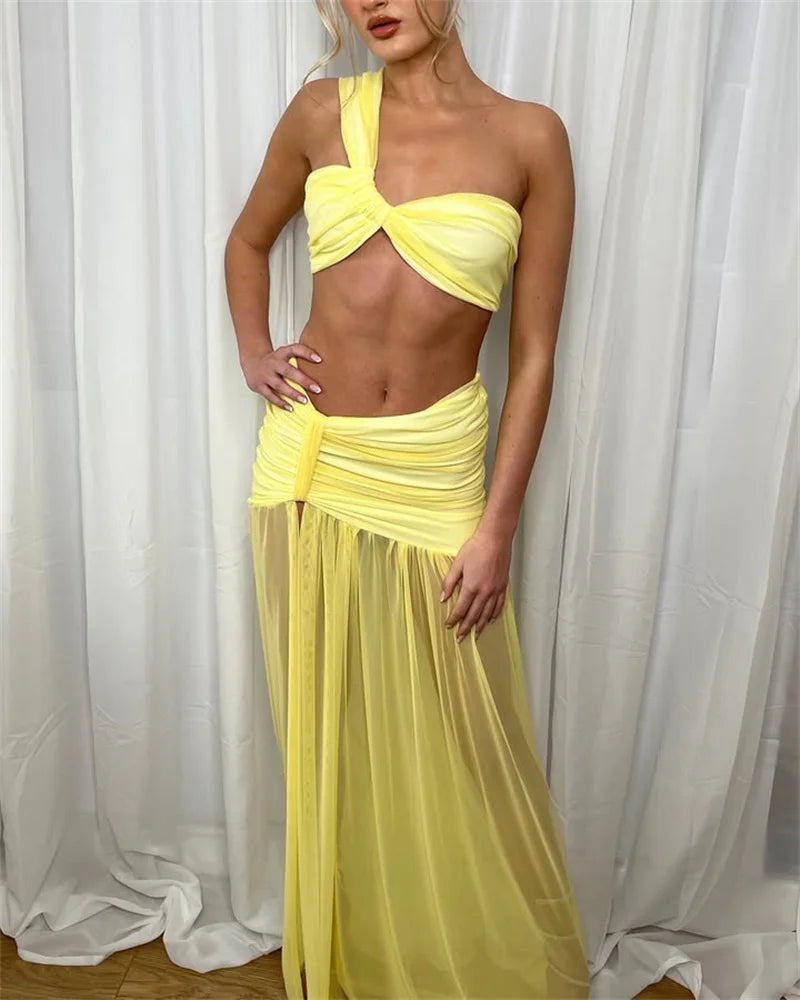 Summer Skirt Two Piece Sets Women One Shoulder Crop Top And Maxi