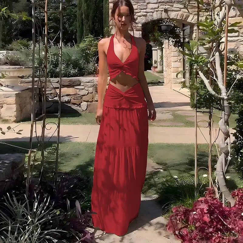 Elegant Two Piece Sets Sleeveless Frill Halter Twist Top Dress
