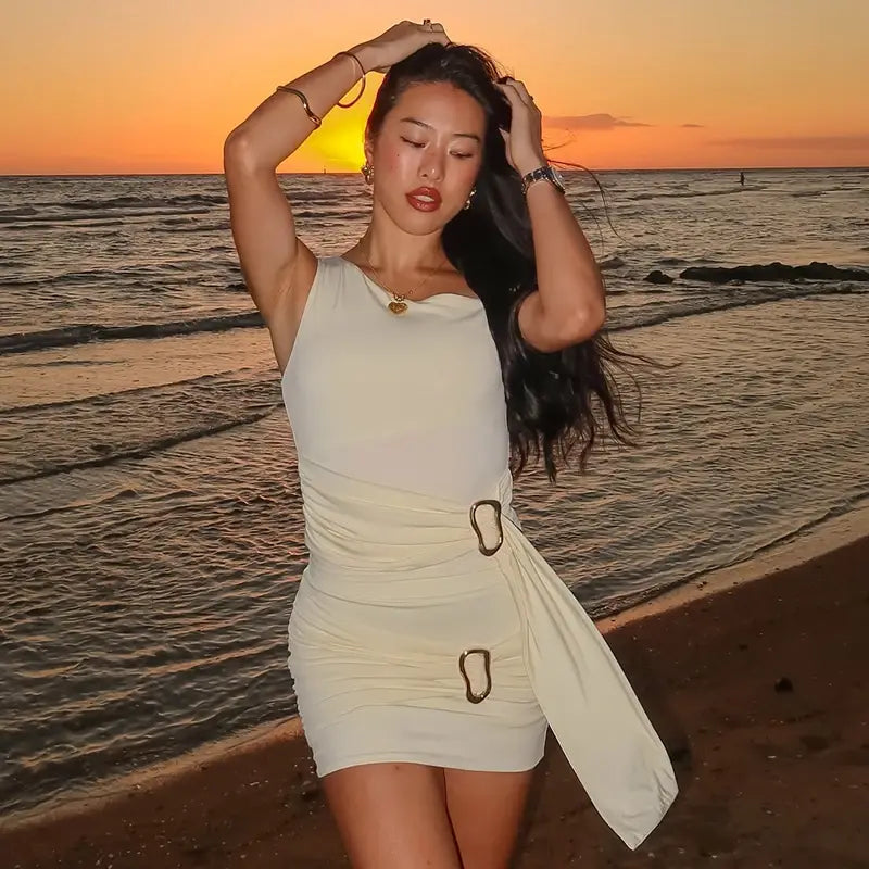 Women’S Solid Color Slant Shoulder Sleeveless Metal Button Short Dress Set