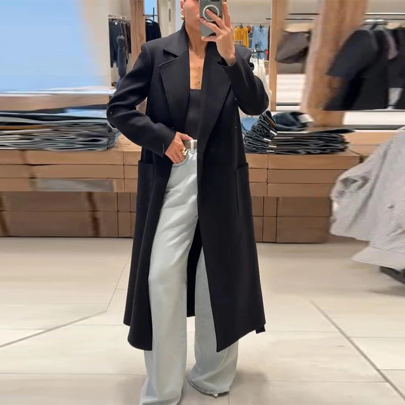 Women’s Overcoat Turn-down Collar Full Sleeve Belt Lace Up Black Long