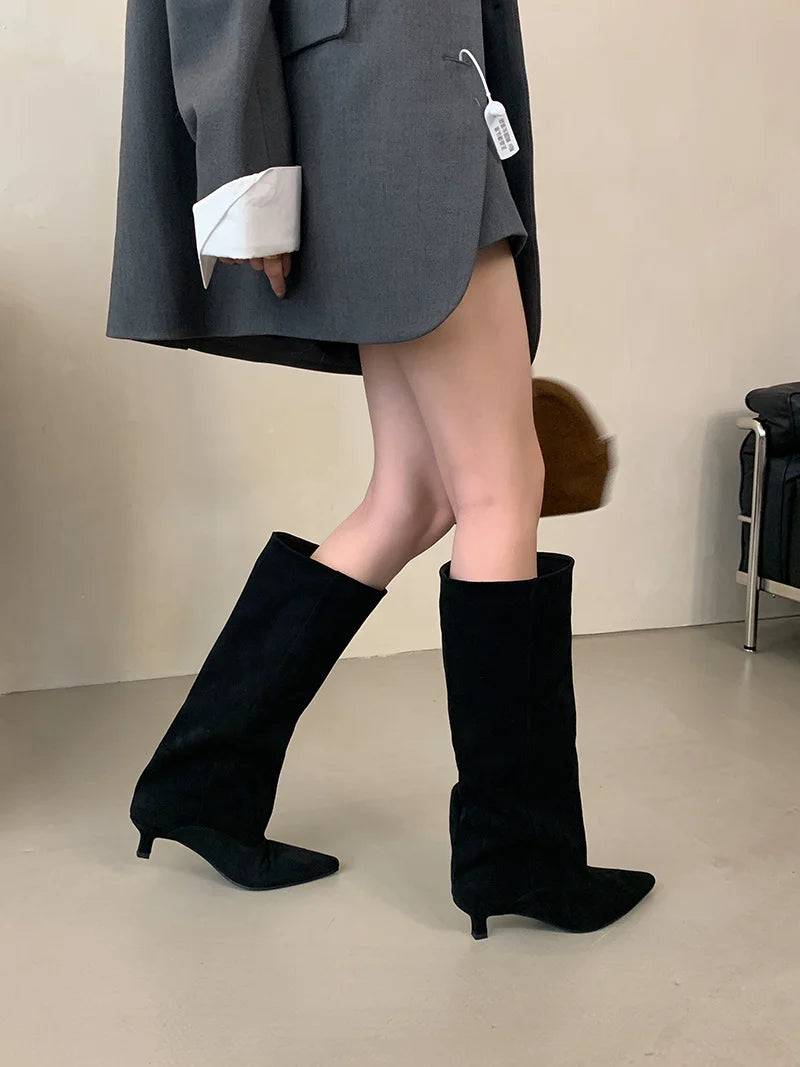 Women Knee-High Boots Street Style Pointed Toe Thin Low Heels