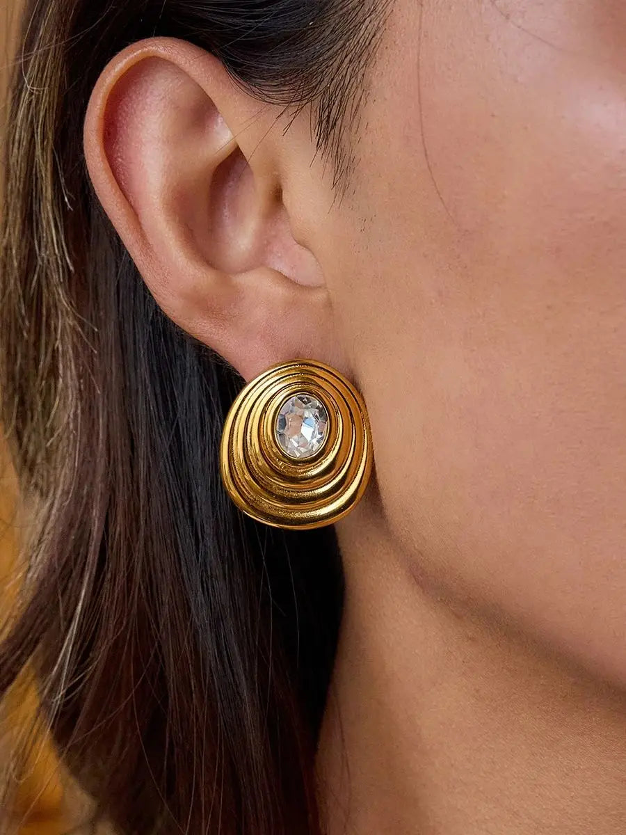 Gold Color Plated Stainless Steel Round White Zircon Ribbed Ear Studs