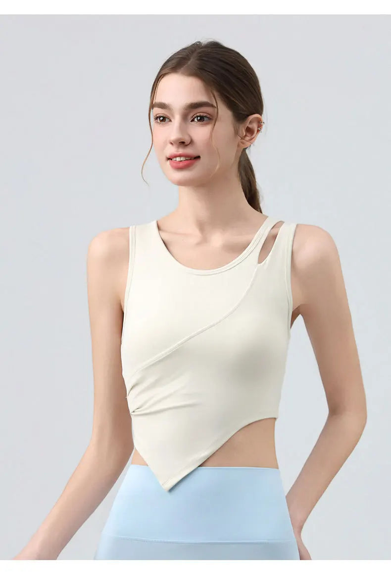 High Strength Women Yoga Irregular Lower Hem Shoulder Hollow Out Tank Top