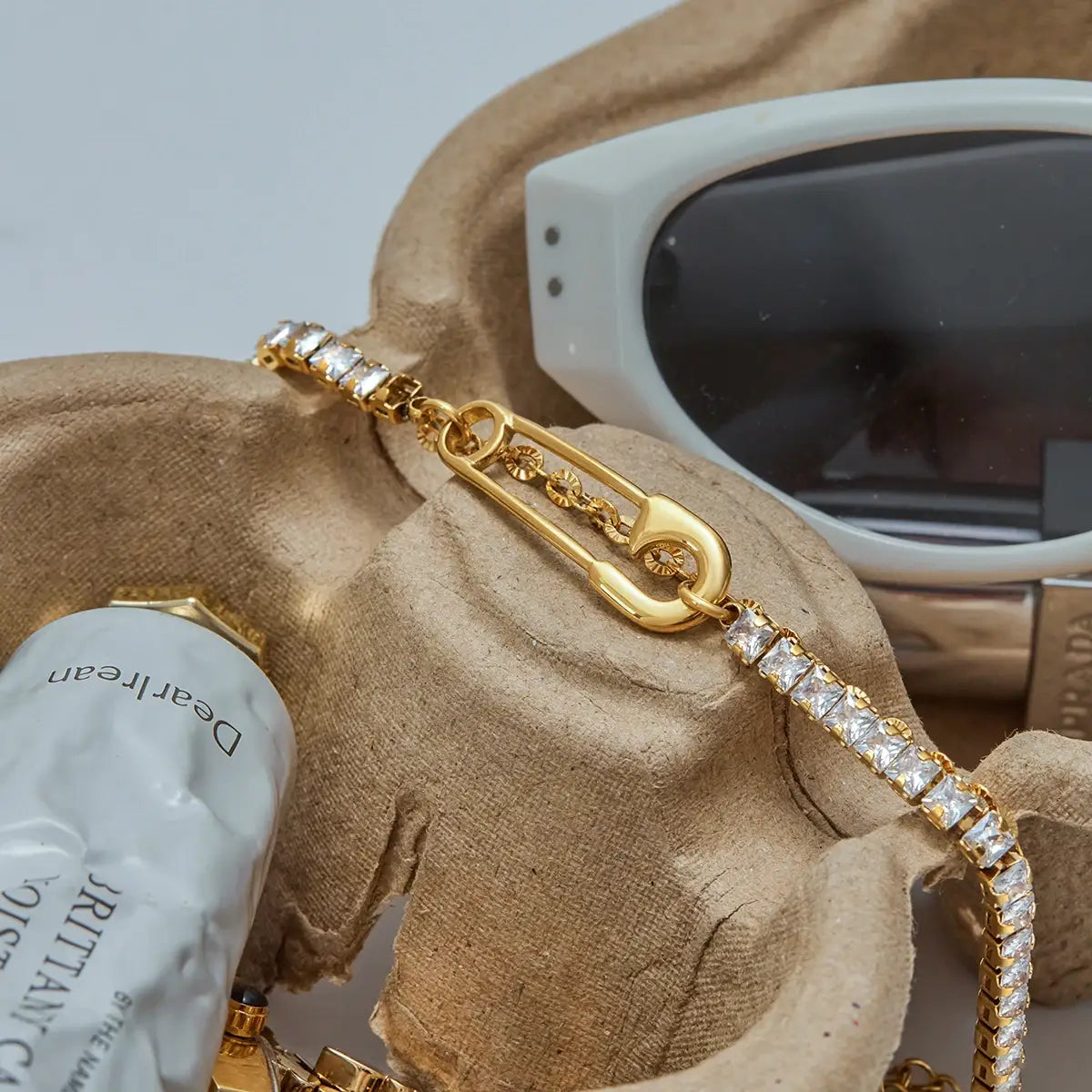 Classic Square White Zircon Bracelet Paper Clip Double layer Stainless Steel