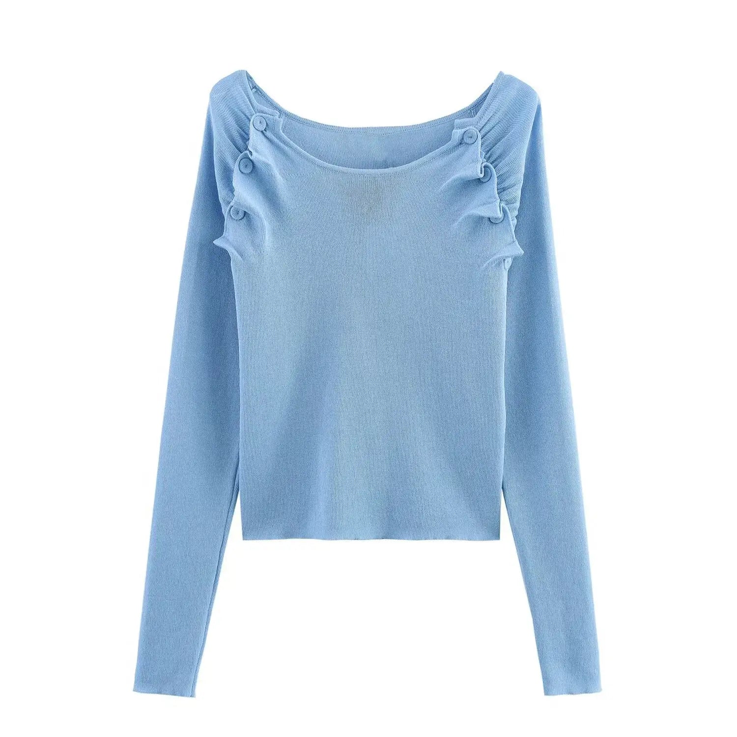 Women Pleated Knitted Pullover Slim-fit Round Neck Long Sleeve Simple Sweater