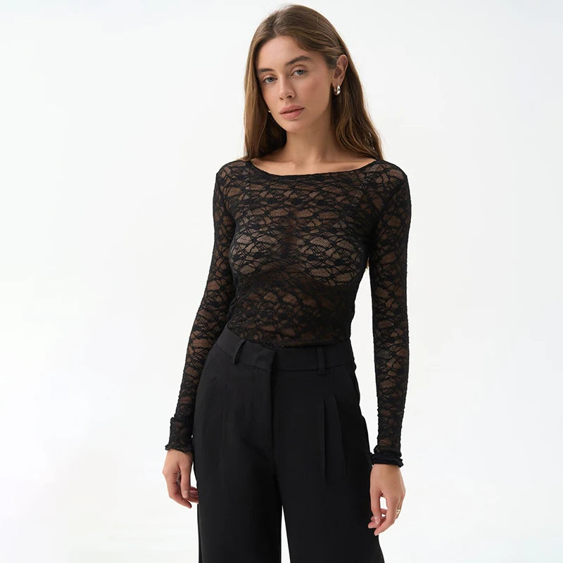 Lace Women'S Tops Hollow Out Basic Casual Elegant Long Sleeve - Norellé