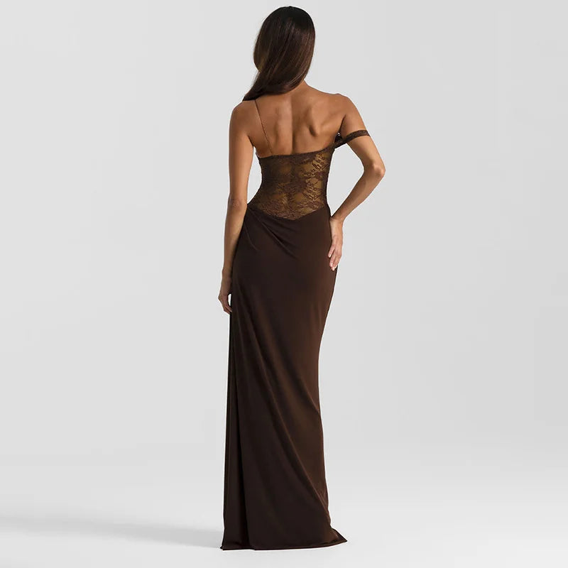 One Shoulder Lace See Through Maxi Dress Women