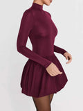Turtleneck Long Sleeve Women Mini Dress Burgundy High Waist A-line