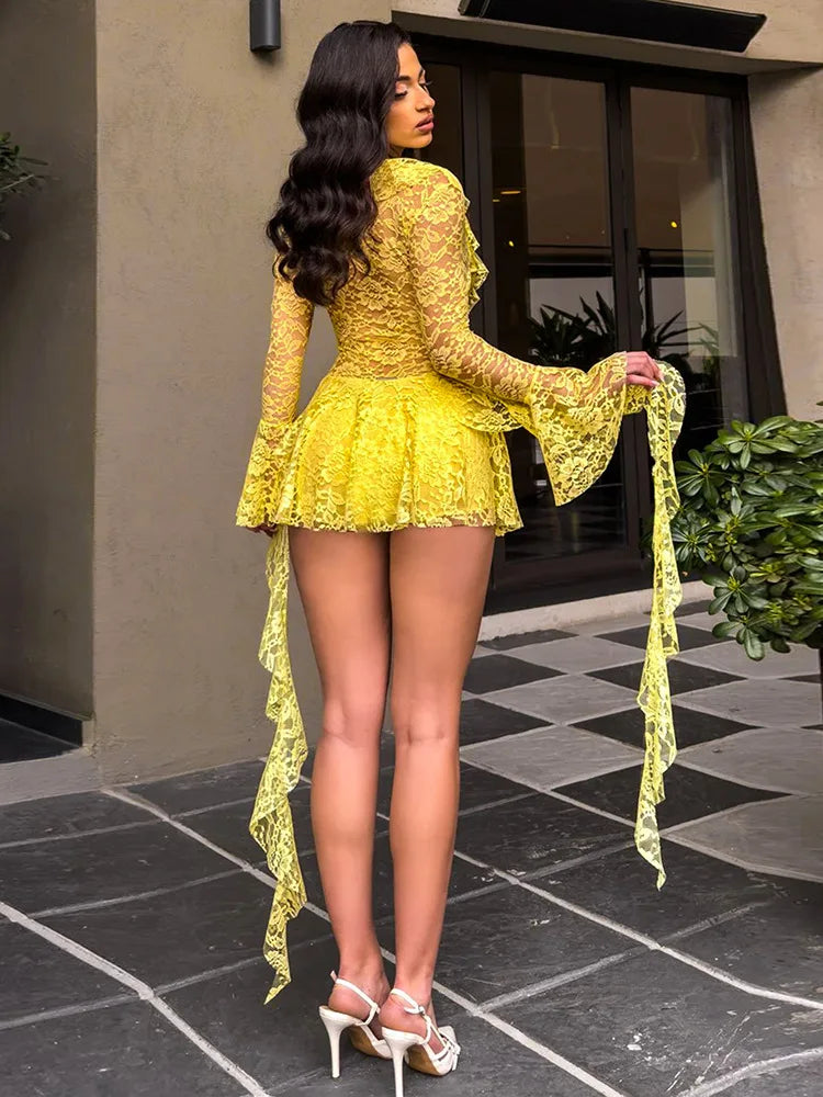 Lace Ruffled Streamer Dress For Women