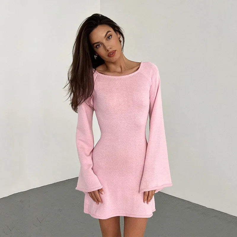 Backless Knitwear Lace-Up Mini Dress