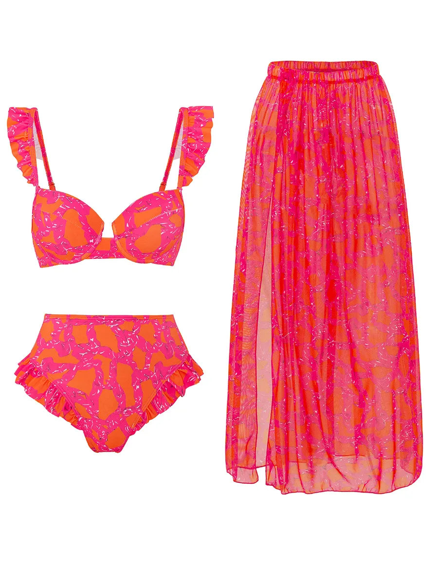 3 Pieces Push Up Bikini High Waist Swimsuit & Skirt - Norellé