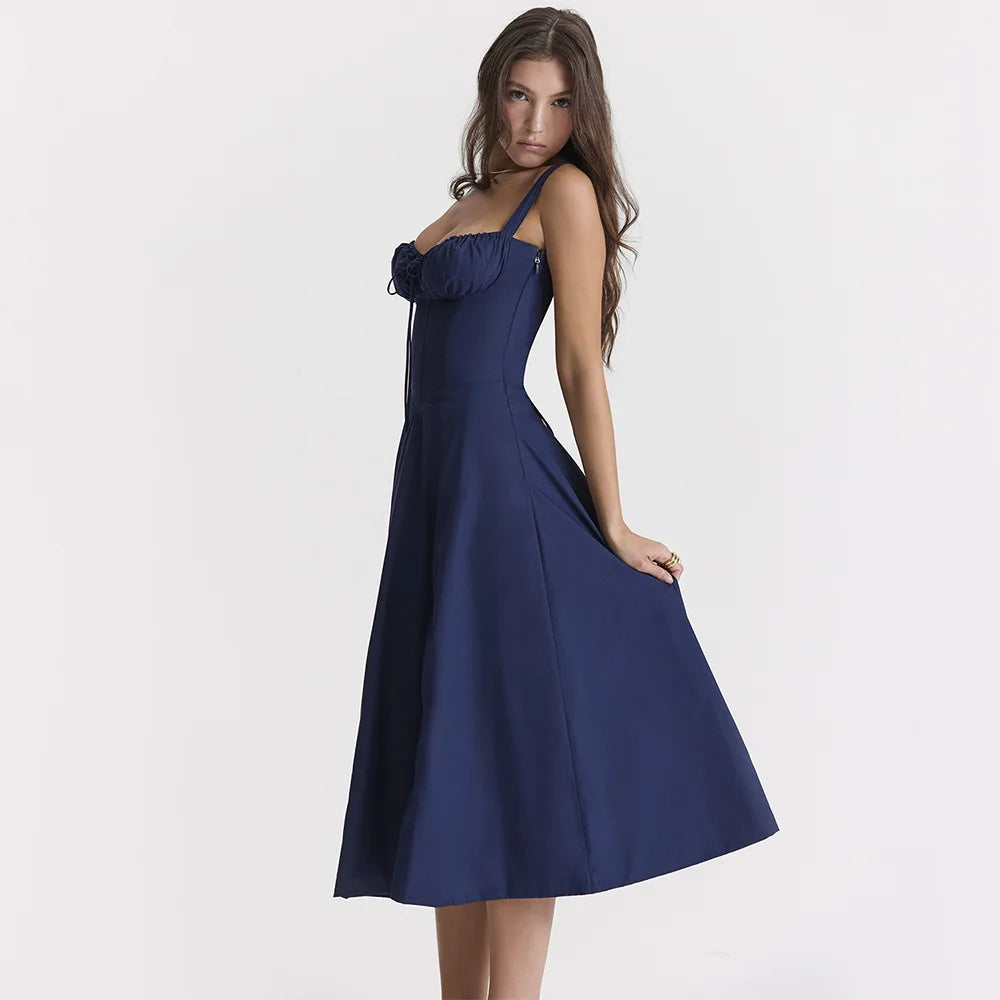 Summer Spaghetti Strap Midi Dress Elegant Long Lace Up