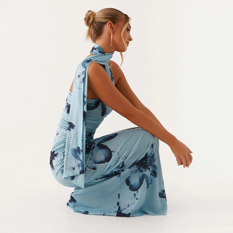 Elegant Floral Print Maxi Dress Backless