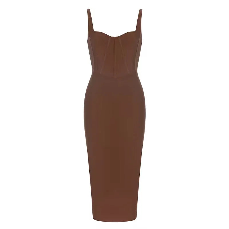Dark Brown Long Dress Strap Sleeveless Bodycon Bandage