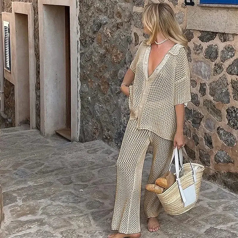 Knitted Hollow Out cardigan Top Straight Pants Sets