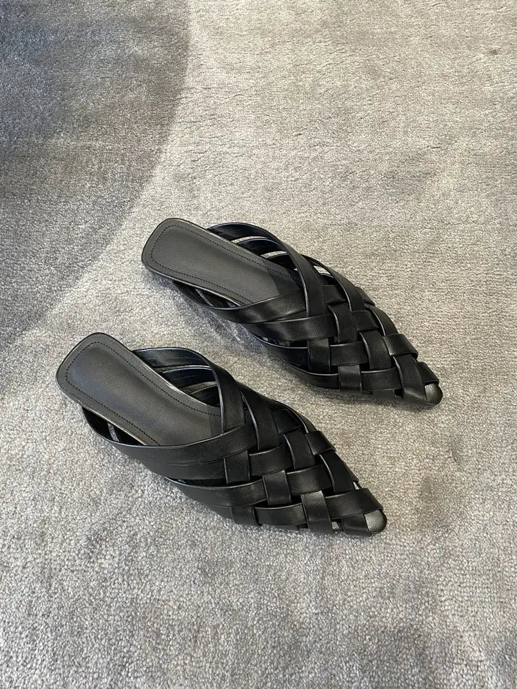 Pointed Toe Genuine Leather Slippers Women