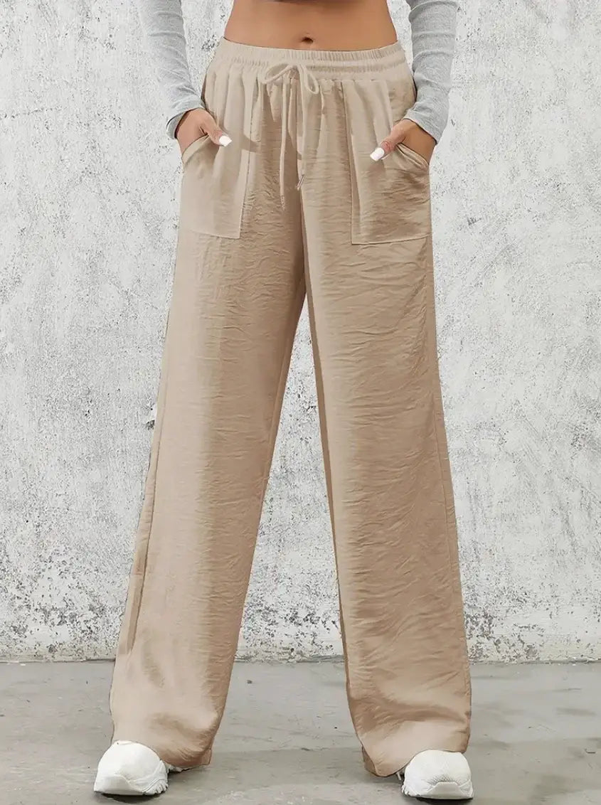 Solid Drawstring Wide Leg Pants