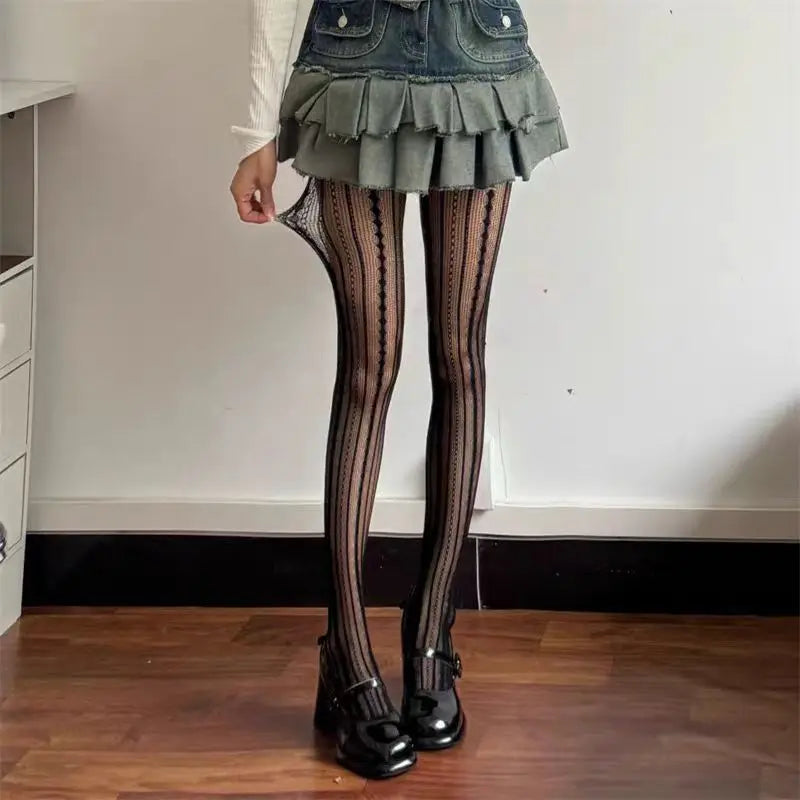 Striped Tights Women Figures Hollow-Out Lace Fishnet