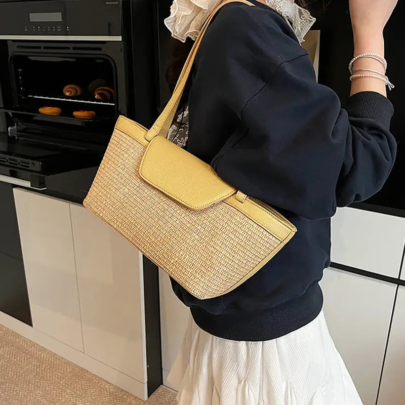 Women Shoulder Bag PU Woven Patchwork Stick